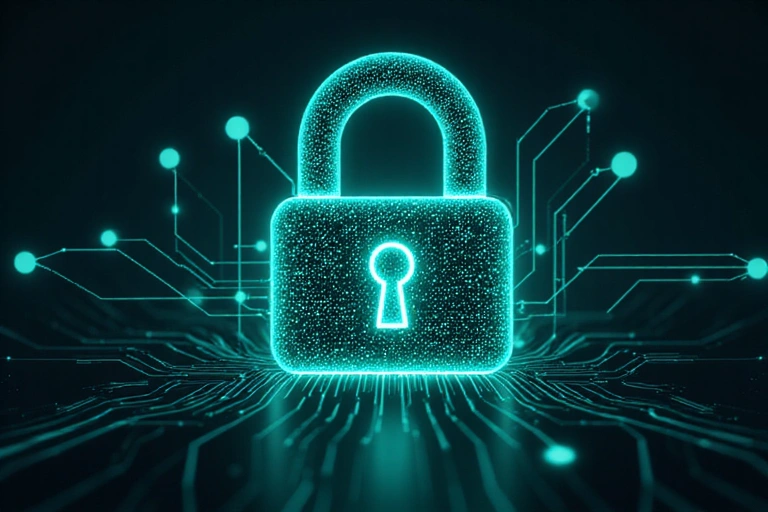 A secure digital lock icon with data streams flowing around it, representing data encryption and safe transfer.